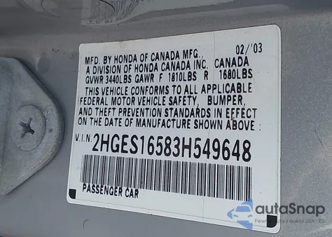 2003 Honda Civic Lx z USA, uszkodzony, nr VIN 2HGES16583H549648